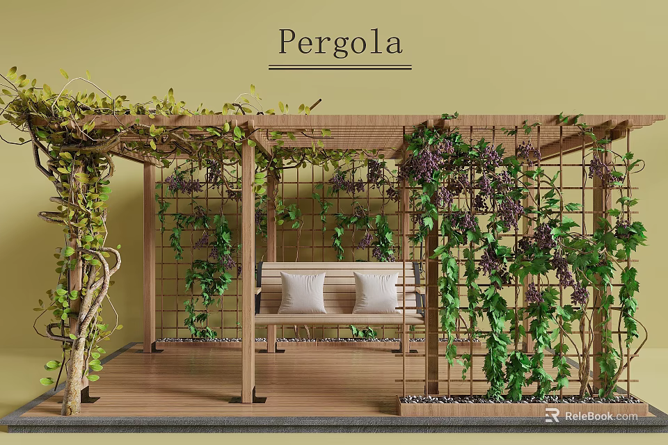 Wooden Pergola With Green Vines Grape Clusters And Bench On Wooden Floor 3d model 