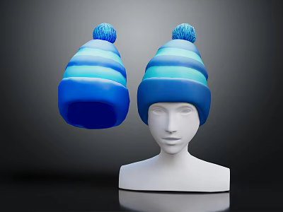 Blue Striped Knit Hat With Pom Pom Displayed On Mannequin Head 3d model