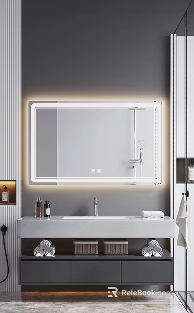 Modern Bathroom Interior Featuring Lighted Mirror Vanity Counter Toiletries And Towel 3d model 