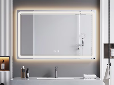 Modern Bathroom Interior Featuring Lighted Mirror Vanity Counter Toiletries And Towel 3d model