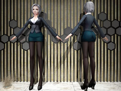 Woman In Black Blazer Green Skirt Black Stockings High Heels By Hexagonal Gold Striped Wall 3d model