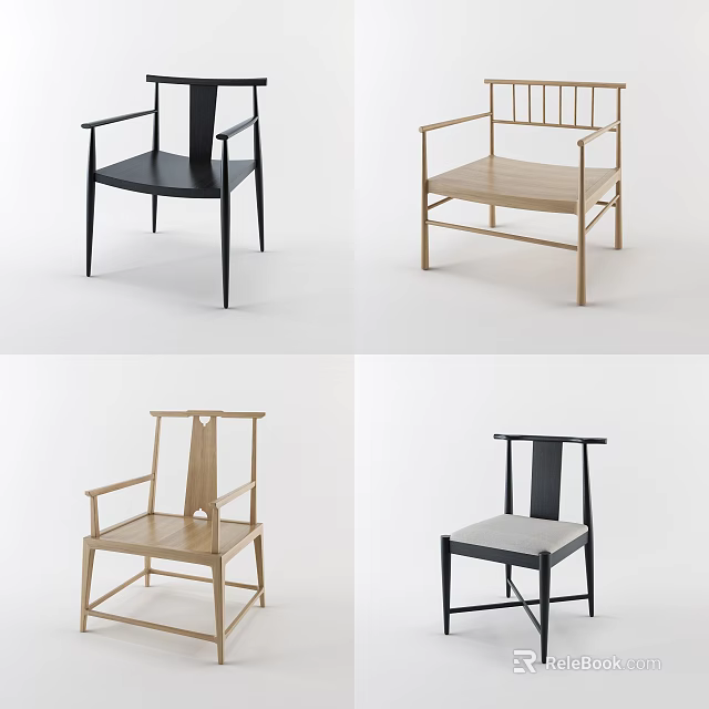 Modern Armchairs With Black Wooden Frames And Geometric Backrest Designs 3d model