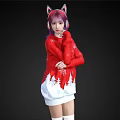 Woman With Purple Hair Wearing Red Snowflake Sweater Cat Ear Headphones And White Skirt