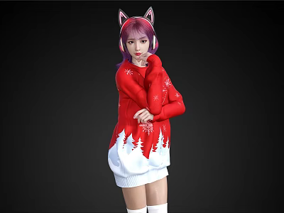 Woman With Purple Hair Wearing Red Snowflake Sweater Cat Ear Headphones And White Skirt 3d model