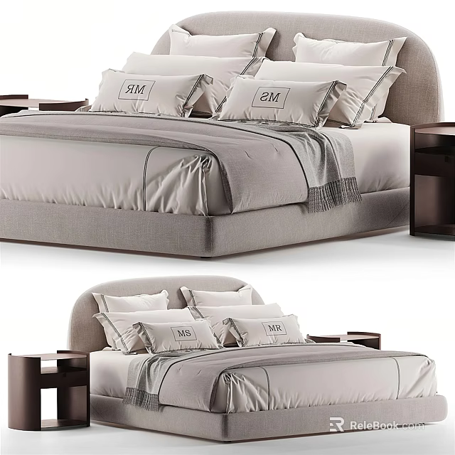 Luxury Double Bed with Soft Pillows Neutral Bed Sheets and Modern Wooden Nightstand 3d model 