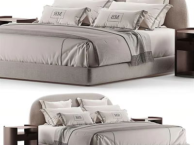 Luxury Double Bed with Soft Pillows Neutral Bed Sheets and Modern Wooden Nightstand 3d model