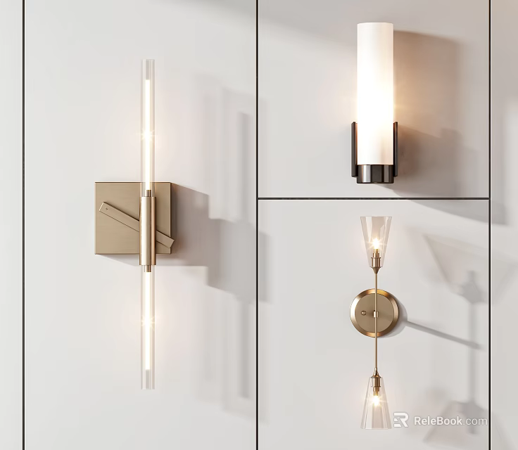 Contemporary Wall Sconce Fixtures With Metal Glass Design And Warm Lighting Mounted On White Wall 3d model 