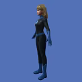 Woman in Black Bodysuit with Blue Gloves Boots and Glowing Chest Emblem Against Blue Background