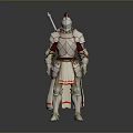 Man In Medieval Silver Plated Armor With Red Accents And Spear