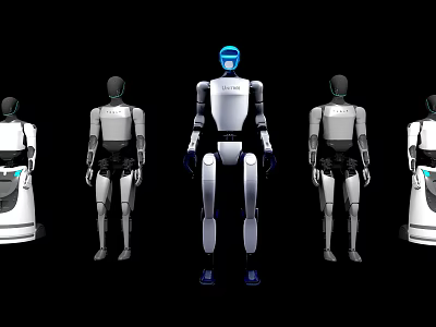 Business Equipment Robots in Various Forms with Blue Head White Gray Design for Commercial Applications 3d model