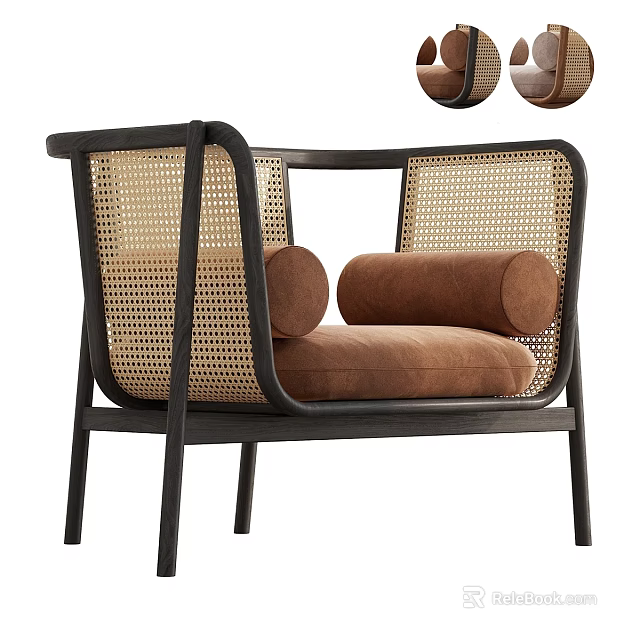 Modern Accent Chair With Rattan Backrest Brown Cushion And Black Wooden Frame 3d model 