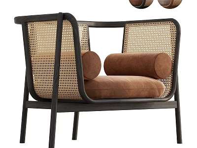 Modern Accent Chair With Rattan Backrest Brown Cushion And Black Wooden Frame 3d model