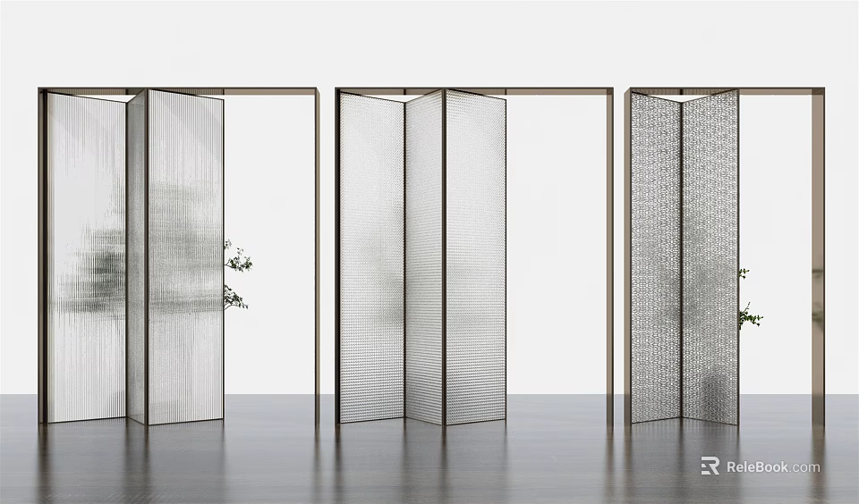 Modern Folding Doors With Metal Frame And Transparent Panels As Interior Partition With Plants 3d model 
