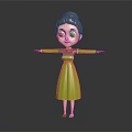 Playful Female Cartoon Character With Green Dress Gray Bun And Outstretched Arms On Dark Background 3d model