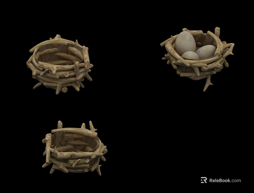 Three Natural Bird Nests with Eggs in One on Black Background 3d model 