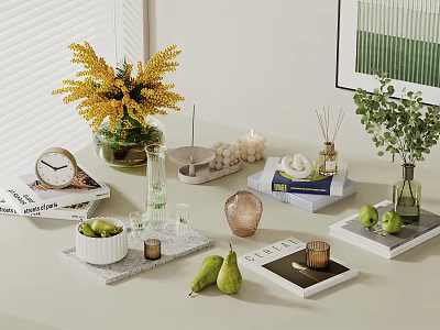 Elegant Decorative Ornament Set With Yellow Bouquet Clock Green Plants Candles Fruits And Trays 3d model