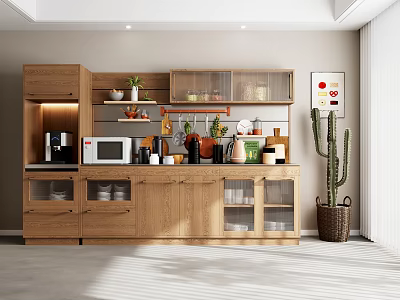 Modern Wooden Kitchen Buffet Cabinet With Cabinets Shelves Microwave Coffee Maker Cups Plants And Cactus 3d model