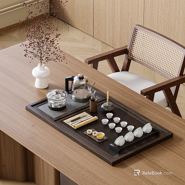 Elegant Tea Set with Teapot Cups and Black Tray on Wooden Table and Rattan Chair 3d model 