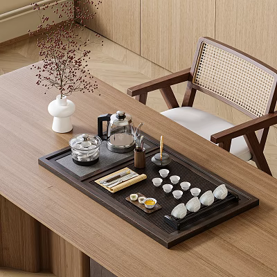 Elegant Tea Set with Teapot Cups and Black Tray on Wooden Table and Rattan Chair 3d model