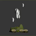 Futuristic Rock Formation With Green Platform Blue Pool Floating Rocks Glowing Lines And Water Droplets