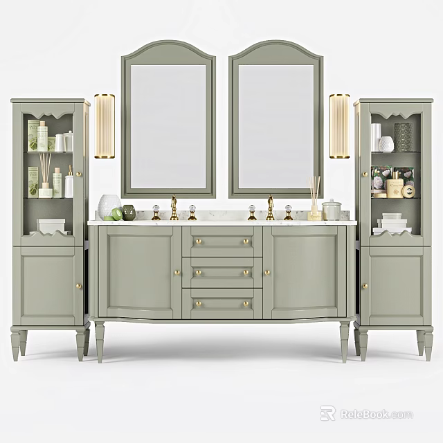 Elegant Bathroom Vanity With Double Mirrors Marble Countertop Cabinet Storage And Wall Lights 3d model 