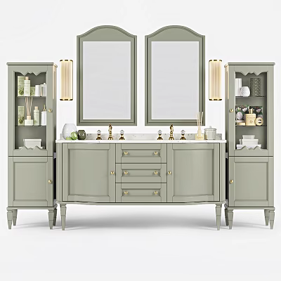 Elegant Bathroom Vanity With Double Mirrors Marble Countertop Cabinet Storage And Wall Lights 3d model