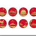 Red Circular Wall Decor With Gold Chinese Architectural Moon Lantern Dragon Patterns