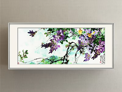 Botanical Painting Featuring Purple Wisteria Flowers Yellow Bird Green Vines And White Frame 3d model