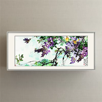 Botanical Painting Featuring Purple Wisteria Flowers Yellow Bird Green Vines And White Frame 3d model