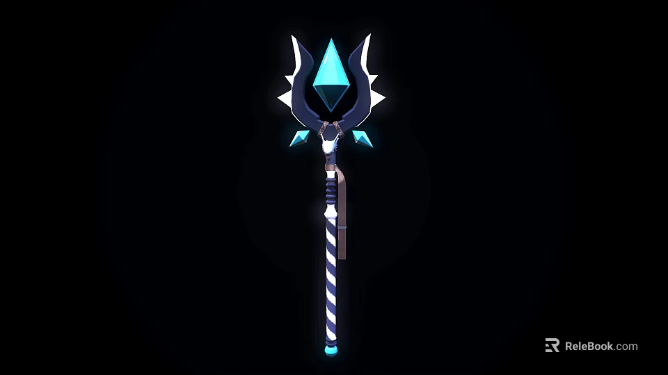 Glowing Fantasy Magic Staff With Blue Crystal And Striped Decorative Design 3d model 