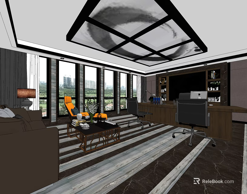 Modern Office Interior Design With Large Windows City View Sofa Wooden Desk And Ergonomic Chair 3d model 