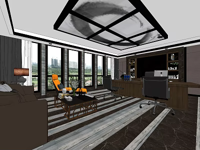 Modern Office Interior Design With Large Windows City View Sofa Wooden Desk And Ergonomic Chair 3d model