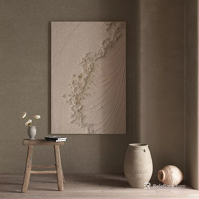Minimalist Interior Decor With Textured Artwork Ceramic Jar And Flower Vase 3d model