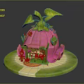 Tiny Elf Character By Whimsical Pink Mushroom House With Green Leaves And Grass Path