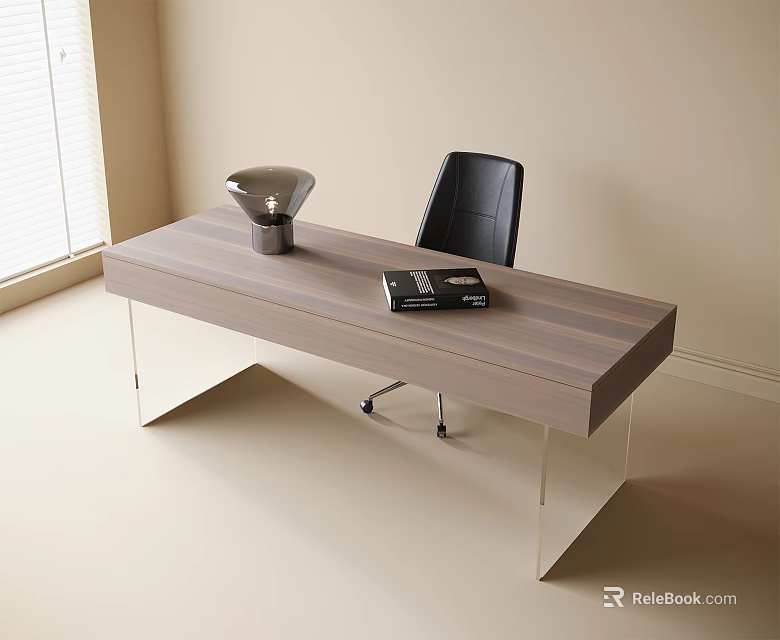 Modern Office Desk With Wooden Striped Tabletop Transparent Legs Silver Lamp And Black Chair 3d model 