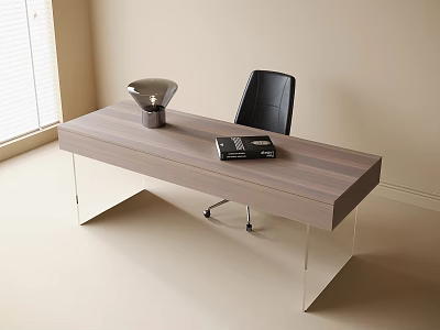 Modern Office Desk With Wooden Striped Tabletop Transparent Legs Silver Lamp And Black Chair 3d model