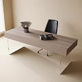 Modern Office Desk With Wooden Striped Tabletop Transparent Legs Silver Lamp And Black Chair