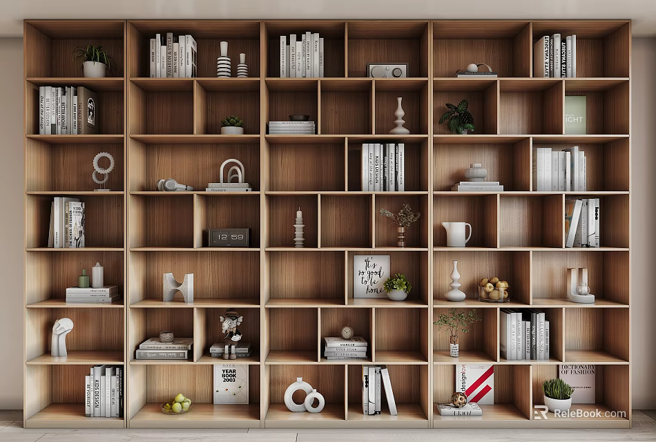Modern Wooden Bookshelf With Organized Multiple Compartments Books Decorative Items And Plants 3d model 