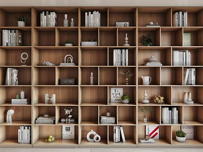 Modern Wooden Bookshelf With Organized Multiple Compartments Books Decorative Items And Plants 3d model