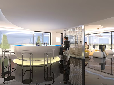 Modern Lounge Area Featuring Circular Bar Counter Wine Bottles Bar Stools Large Windows And Sofa 3d model