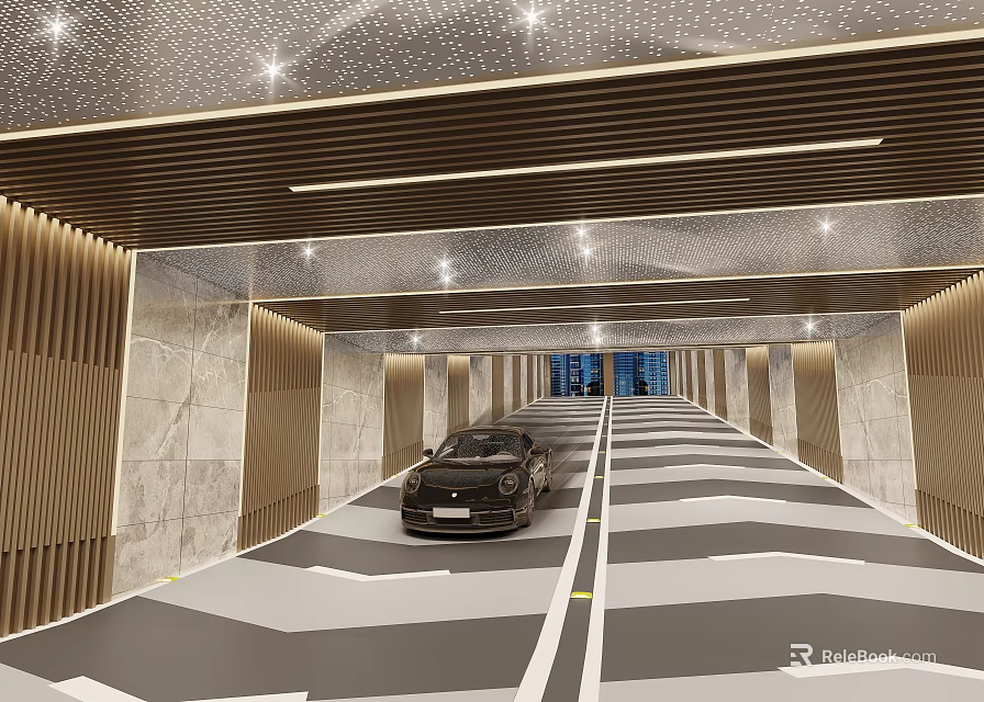 Stylish Underground Parking Entrance With Black Car Geometric Floor Marble Walls And Starry Ceiling Design 3d model 