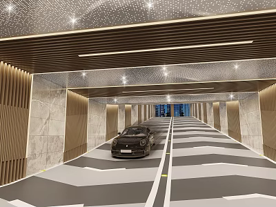 Stylish Underground Parking Entrance With Black Car Geometric Floor Marble Walls And Starry Ceiling Design 3d model