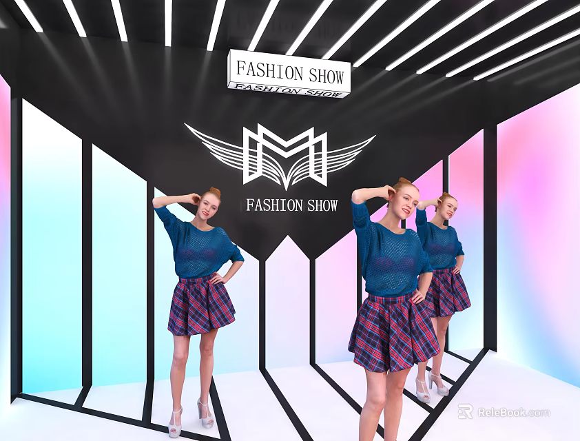Live Stream Fashion Show With Models In Blue Tops And Plaid Skirts 3d model 
