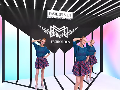 Live Stream Fashion Show With Models In Blue Tops And Plaid Skirts 3d model