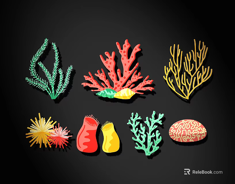 Colorful Marine Life Wall Decor With Seaweed Coral Anemone And Various Shapes 3d model 
