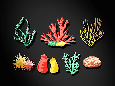 Colorful Marine Life Wall Decor With Seaweed Coral Anemone And Various Shapes 3d model