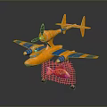 Toy Orange Airplane Model With Blue Yellow Wings and Metal Mesh Basket With Orange Fish
