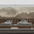 Hotel Guest Room Interior With Twin Beds Mountain Pattern Wall And Plush Pillows