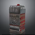 Modern Stacked Electrical Appliance With Metallic Body Red Panels And Fan