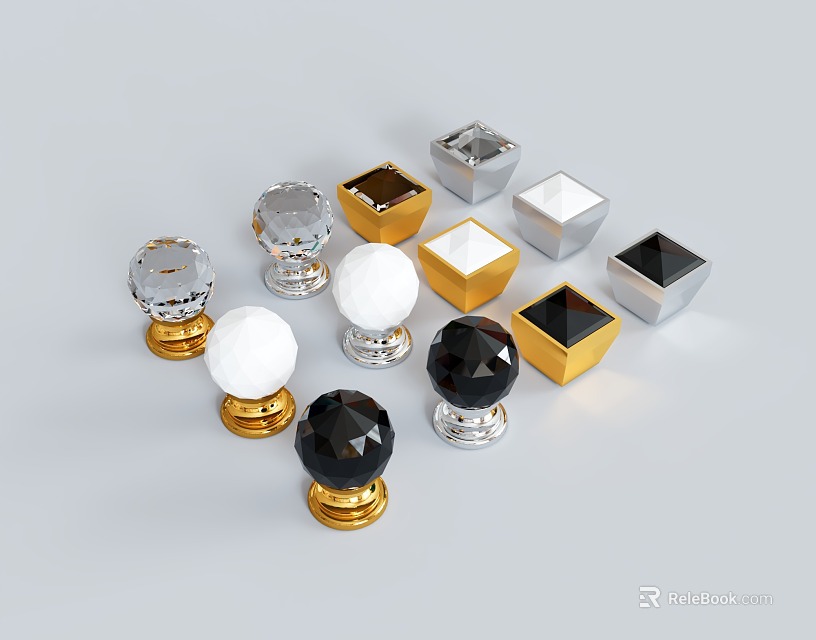 Diverse Color Cabinet Knobs With Square Round Shapes Crystal Metal Bases For Cabinets 3d model 